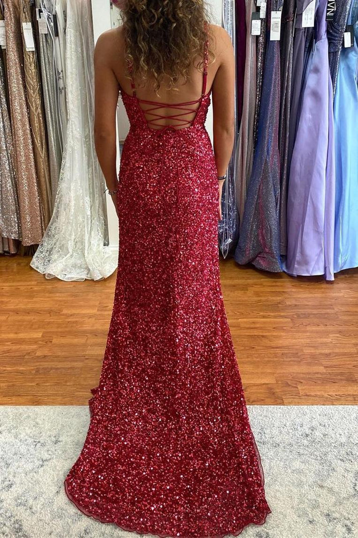 Vestido de fiesta largo con abertura y sirena y lentejuelas